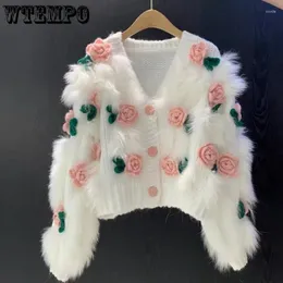 Women's Knits WTEMPO Fashion Sweet Faux Fur Short Knitted Coat Autumn Ladies Elegant Rose Flower Sweater Cardigan