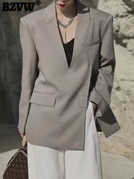 Kadınlar Suits Blazers BZVW Moda Kadınlar Blazer V-Yastık Uzun Kollu Düz Renk Orta Uzunluk Cep Bölünmüş Takım Takım Elbise Yaz 25Y0922 231211