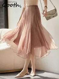 Skirts Qooth Women OL Chiffon A-line Skirt Elegant Elastic Waist Midi Skirt For Spring Summer QT2162L231212