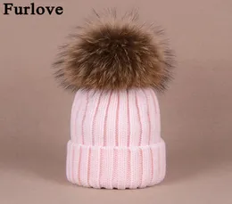Furlove Real Raccoon Fur Women039s Winter Hat äkta päls Pompom Women Sticked Bobble Ski Hat Cap Winter Hats For Women Skullie6310516