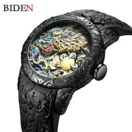 Fashion BIDEN Mens Watches Dragon Design Quartz Watch Silicone Strap Waterproof Sport Wristwatch Male Clock Relogio Masculino X062298w