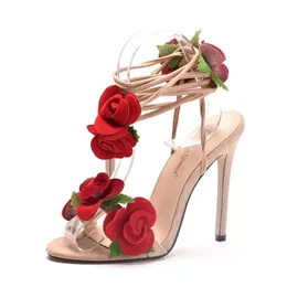 Elbise ayakkabıları kristal kraliçe kadın sandalet kırmızı gül çiçek çapraz kravat yüksek topuklu açık ayak parmağı topuklu bayan seksi 231212