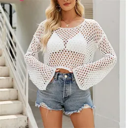Women's Sweaters Sexy Hollow Out Knitted Sweater Cropped Pullover Trend Women Y2K Clothing See Through Pull Jersey Beach Outfit Cover-up