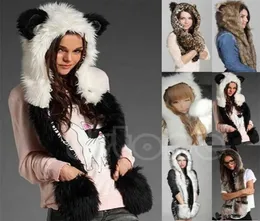 Vinter faux päls huva djur huvor hatt cap tecknad plysch hattar med halsduk tassar sätter varma mössor mössor tecknad panda varghatt 22011319023989