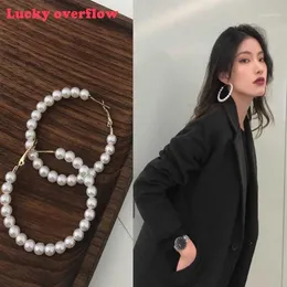 Hoop huggie luckyoverflow na moda 4cm-6cm brincos de pérola feminino exagerado grande círculo anéis de orelha moda jóias1293d