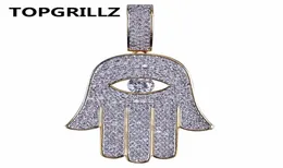 TOPGRILLZ Hip Hop Fatima Hand Eye Pendant Necklace Gold Color Plated Micro Pave Cubic Zirconia Choker For Men Women Three Chains4889424