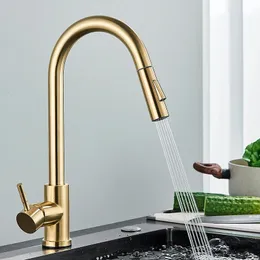 Küchenarmaturen Quyanre Wasserhahn aus gebürstetem Gold, herausziehbarer Waschbecken-Wasserhahn, Einhebelmischer, 360-Grad-Drehung, Dusche 231211