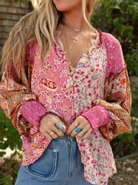 Женские блузки GypsyLady Boho Блузка с цветочным принтом Рубашка Summe Spring Rayon с длинными пышными рукавами и v-образным вырезом для отдыха Пляжная повседневная женская одежда