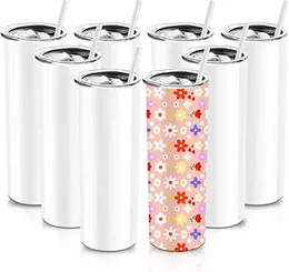 Blanks White 20oz Double Wall Vaccum Isolated Stainless Steel Mugs 20 Oz Sublimation Straight Tumbler With Lid and Straw 1212