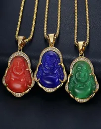 Colliers avec pendentif Bouddha rieur en jade opale clouté de diamants avec chaîne en acier inoxydable plaqué or incrusté de bijoux en pierres précieuses en gros 3878300