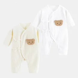 Rompers Boys Girls Outfit100％綿生まれベイビー長袖ロンパン幼児用固形編み季節のための薄いジャンプスーツ231211