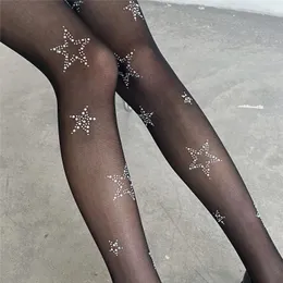 Sexiga strumpor Y2K Star Diamond Fishnet Women Pantyhose Lår High Stockings JK Lolita Girls Kawaii Bling Underwear 231211