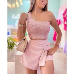 Women's Tracksuits 2024 Summer Solid Color Sexy Fashion Sequined One-Shoulder Sleeveless Culottes Two-Piece Suit