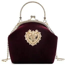 حقائب المساء 2022 FEMME RETRO VELVET PEARL HAYBAG VINTAGE VINTAGE VELOR VELOR HEART BAS BASE حفل زفاف BRIDE BARSE289K