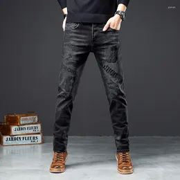 Jeans pour hommes 2023 saisonniers taille moyenne jambe droite avec broderie à la mode coupe ajustée élastique et pantalons décontractés