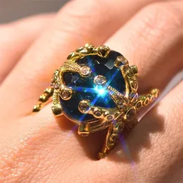 حلقات الكتلة Fishion 14K Gold Color Mapphire Gemstone Ring for Women Peacock Blue Topaz Stone Dainty 925 Moledry Birthday Gift Mom