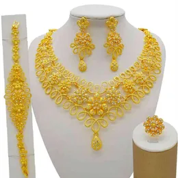 Nigeria Dubai Set di gioielli in oro 24 carati con fiori pregiati Regali di nozze da sposa africani Festa per le donne Bracciale Collana Orecchini Anello Se 2243E