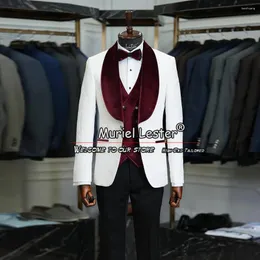 Ternos masculinos borgonha casamento formal branco jauquard jaqueta colete calças 3 peças smoking sob medida roupas de moda masculina