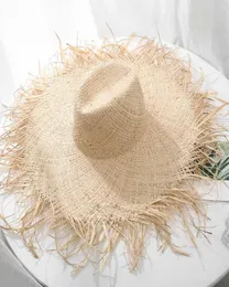 100 Natuurlijke Raffia Strohoed Dames Zomer Floppy Jazz Zon Grote Brede Rand Fringe Strandpet Handgeweven Panama Caps5689293