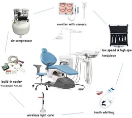 Promosyon Diş Sandalye ve Diş Ünitesi Tam Set Woodpecker N2 Scaler el parçası, Kompresör, İntraoral Kamera, Işık Kürleme