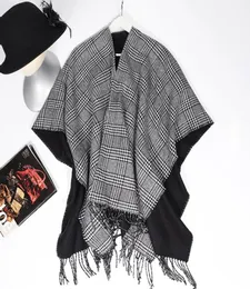 Halsdukar Fashion Plaid Women Winter Warm Poncho Wrap Sticked Cashmere Capes Shawl Cardigans Cloak Elegant Double Side Scarf Outerwe6033939