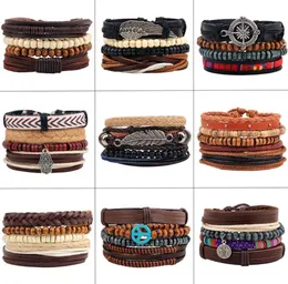 4pcsset Handmade Boho Gypsy Hippie Black Leather Rope Cord Wing Hand Leaves Compass Charm Stackable Wrap Bracelets for Man7616011