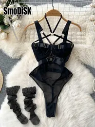 Macacões femininos macacão mulheres sexy moda bodysuits lingerie sleepwear oco combinação catsuits magro íntimo erótico malha strappy macacão cosplayl231212