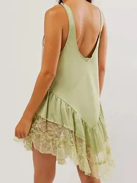 Casual Dresses Women Flowy Mini Dress Sleeveless Short Lace Patchwork Floral Sheer Mesh Hem Loose Summer