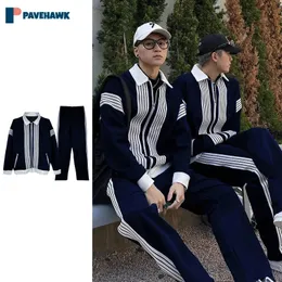 Mens Tracksuits Japanese Retro Men Set Spring Autumn Fashion Woman Casual Stripes Varsity Jacket Pants Two Piece Set Patchwork Sports Suit 231212