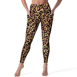 Active Pants Gold Pink Leopard Leggings Pockets Animal Print Graphic Yoga Push Up Workout Gym Legging Sweet Stretch Sport