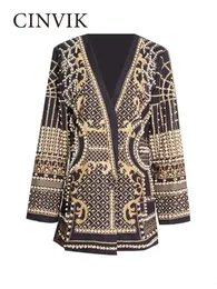 Womens Suits Blazers Cinvik est Luxurious Metallic pärlast Long Blazer Stylish Designer Jacket Vneck Sleeve Suit 231212