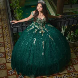 Vestido quinceanera verde esmeralda com lantejoulas, ombro de fora, bola mexicana, glitter, doce para 16ª menina, vestido de festa de aniversário, 15