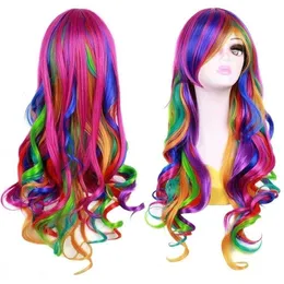 Multi Color Women Wig Halloween Clown Wear Anime Haruku Style Rainbow Curly Synthetic Hair Party Costume Lolita Wigs