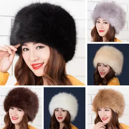 Baskar förtjockad fuzzy hink hatt vinter fluffig päls plysch kvinnor faux päls fast färg varma modetillbehör
