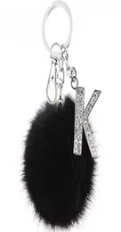 Teh Y Black Pompom Faux Rabbit Fur Ball Keychains Crystal Letters Key Rings 키 홀더 트렌디 한 보석 가방 액세서리 선물 G10191502621