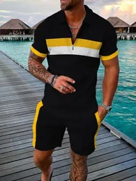 Fatos masculinos verão legal camisa polo shorts conjunto moda treino casual turn down colarinho zíper roupas cerveja impressão outfit rua terno