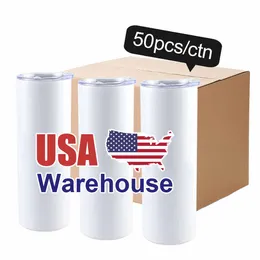 USA CAN Warehouse Vasos de sublimación delgados de 20 oz con espacios en blanco rectos de acero inoxidable de doble pared y pajita 1212