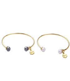 Cooper pulseiras de punho aberto simples simuladas contas de bola de pérola pulseiras ajustáveis para mulheres joias da moda inteira3740953