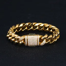 Krkc Gioielli Hip Hop all'ingrosso 12mm Acciaio inossidabile placcato oro 18k Miami Bracciale a maglia cubana Chiusura con diamanti Catene da uomo