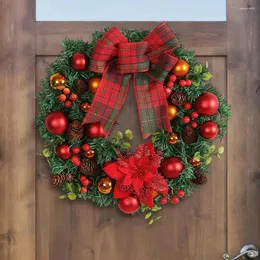 Decorative Flowers Wall Hanging Christmas Wreath Outdoor Festive Holiday Wreaths Plaid Bowknot Pine Cone Needle Ball For Indoor