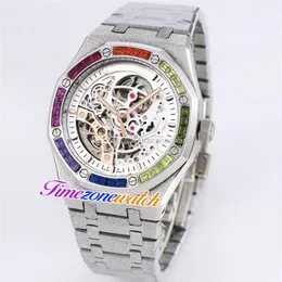 K8F 41 mm Esqueleto Tourbillon Esfera blanca Reloj automático para hombre Caja de oro escarchado Pulsera de acero esmerilado mate Relojes con diamantes de arco iris 260L