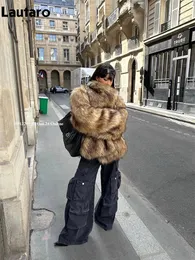 Cappotto da donna in pelle finta Lautaro Autunno Inverno oversize spesso caldo peloso peloso cappotto di pelliccia da donna abiti firmati di lusso europeo soffice giacca 2023 231212