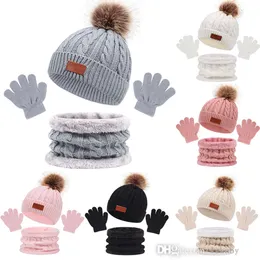 Autumn Winter Children's Hat Scarf Handskar Tredelar Set Söt fuzzy boll fast färg baby beanie hattar mössa