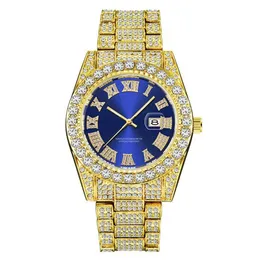 Relógios de pulso luxo ouro romano bling hip hop completo congelado relógio quartzo azul diamante relógios homens prata diomand reloj de diamantes231d