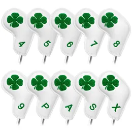 Club Heads Copritesta in ferro da golf 10 pezzi / set Copricapo in ferro per mazza da golf con ricamo in asciugamano Velc-ro Lucky Clover Pelle premium bianca 231212