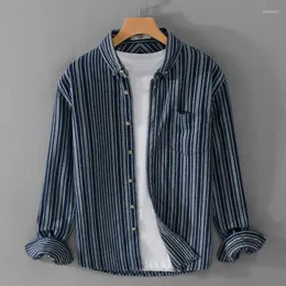 Men's Casual Shirts Spring Autumn Korean Style Cotton Polyester Stripe Lapel Pocket Long Sleeve Loose Men Tops Clothes 2023