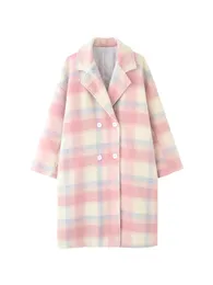 Women's Wool Blends Pink Check Pattern Worn Woolen Coat Suit Collar Jacket Women's Autumn Winter British Style Loose Middle Long Outerwear Female 231211