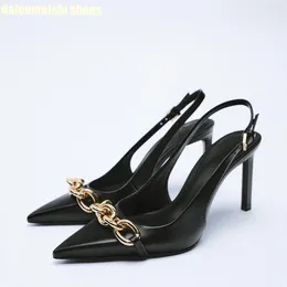 Sandalen Metallkette Spitzschuh Damen 2023 Herbst Dünne Fersenschuhe Rückengurt Slingback Schwarz/Beige Schafleder High Heels