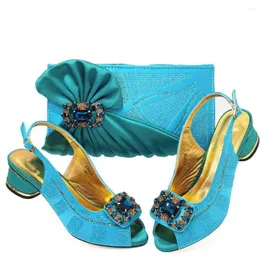 Dress Shoes Sky Blue 5CM Med Heel Women Match Purse With Crystal Decoration African Dressing Pumps And Bag Set CR933