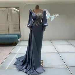 Light Sky Blue Mermaid Satin Prom Dress Sexig Scoop Slpt Beading aftonklänningar Långa ärmar Pary Dress Robe de Mariee Yd